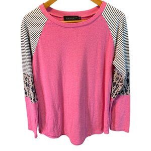 Harhay Pink White Black Long Sleeve Pullover Animal Print Top Sz L